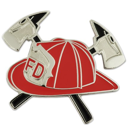 red fireman hat with crossed axes lapel pin