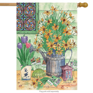 spring still life house flag floral watering can stained glass